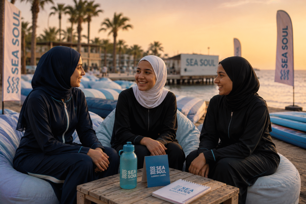Saudi teenage girls in hijabs enjoying a safe and supportive Sea Soul summer camp.