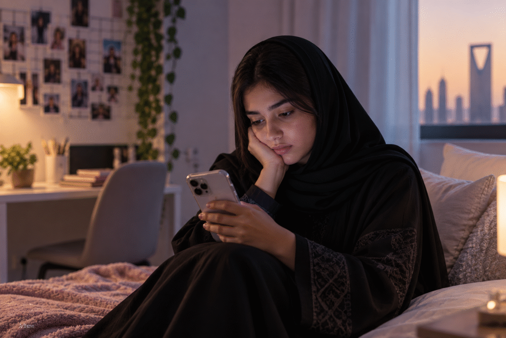 Saudi teenage girl using a smartphone at home, representing the impact of social media on teen mental health