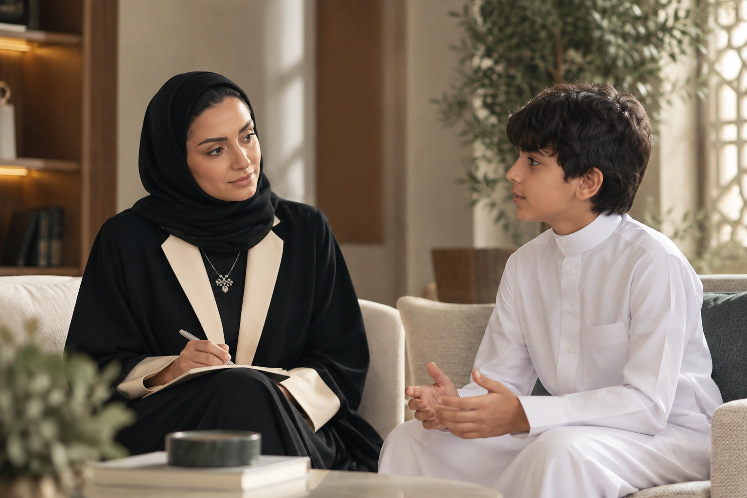 Saudi teenage boy in a counseling session with a female therapist wearing a black abaya and hijab