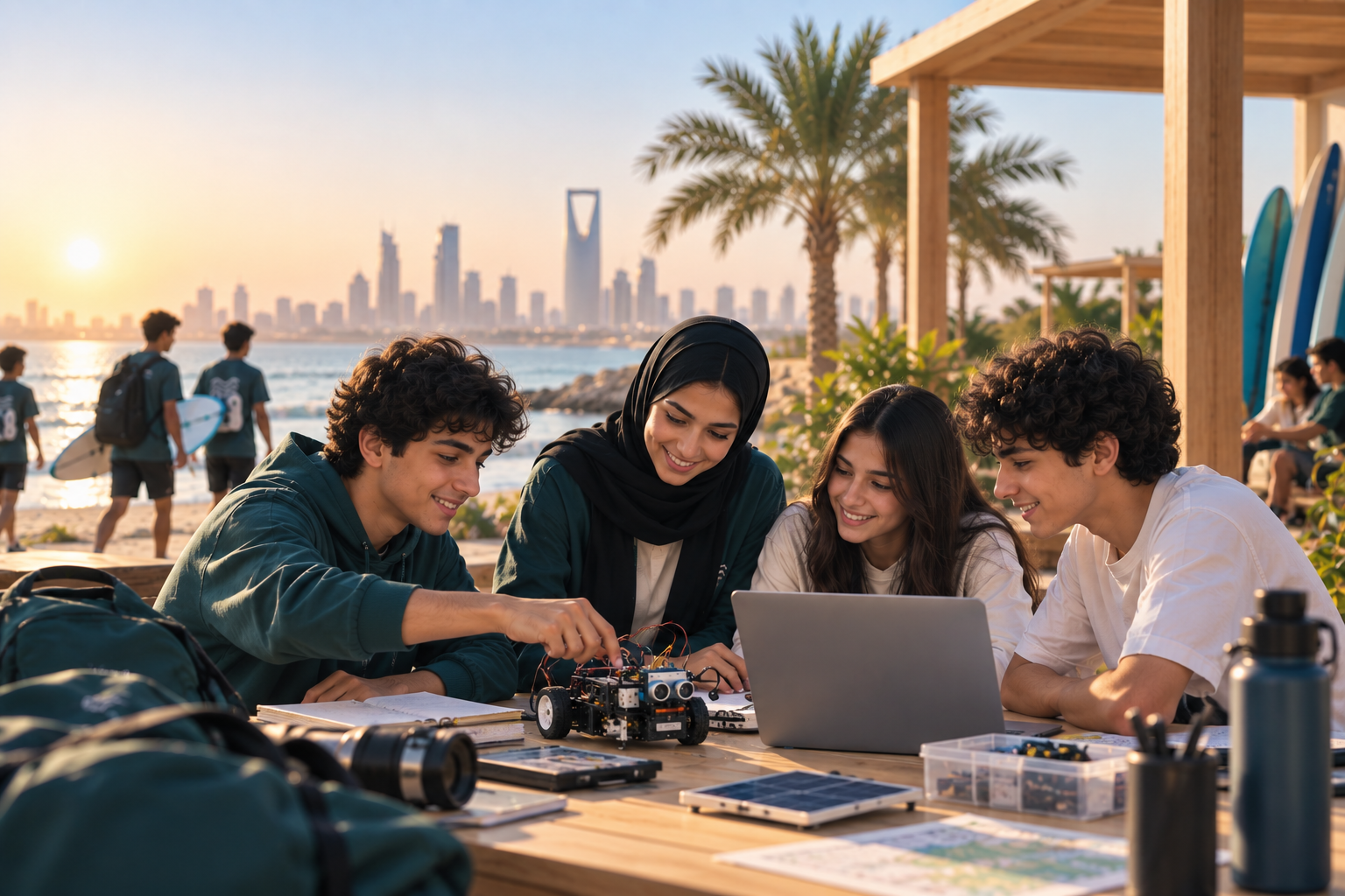 Teenagers participating in a summer camp activity in Saudi Arabia focused on teamwork, STEM learning, and personal development