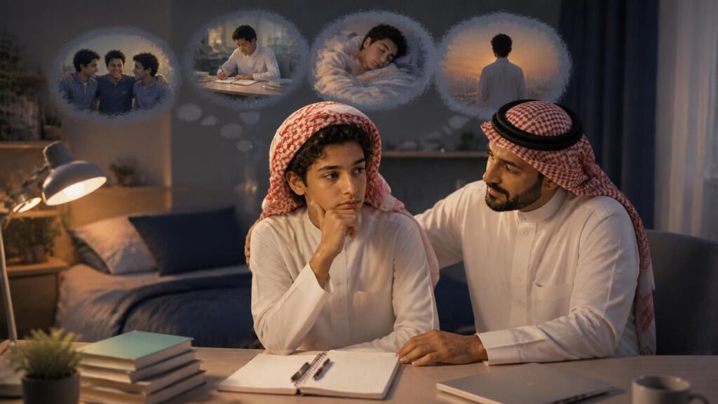 Saudi teenage boy wearing a white thobe and red-and-white shemagh sitting thoughtfully while his father offers emotional support.